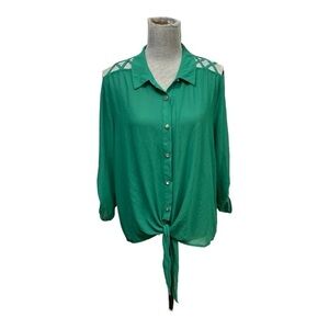 Excuse Me Miss Emerald Green button down and front tie Blouse size L